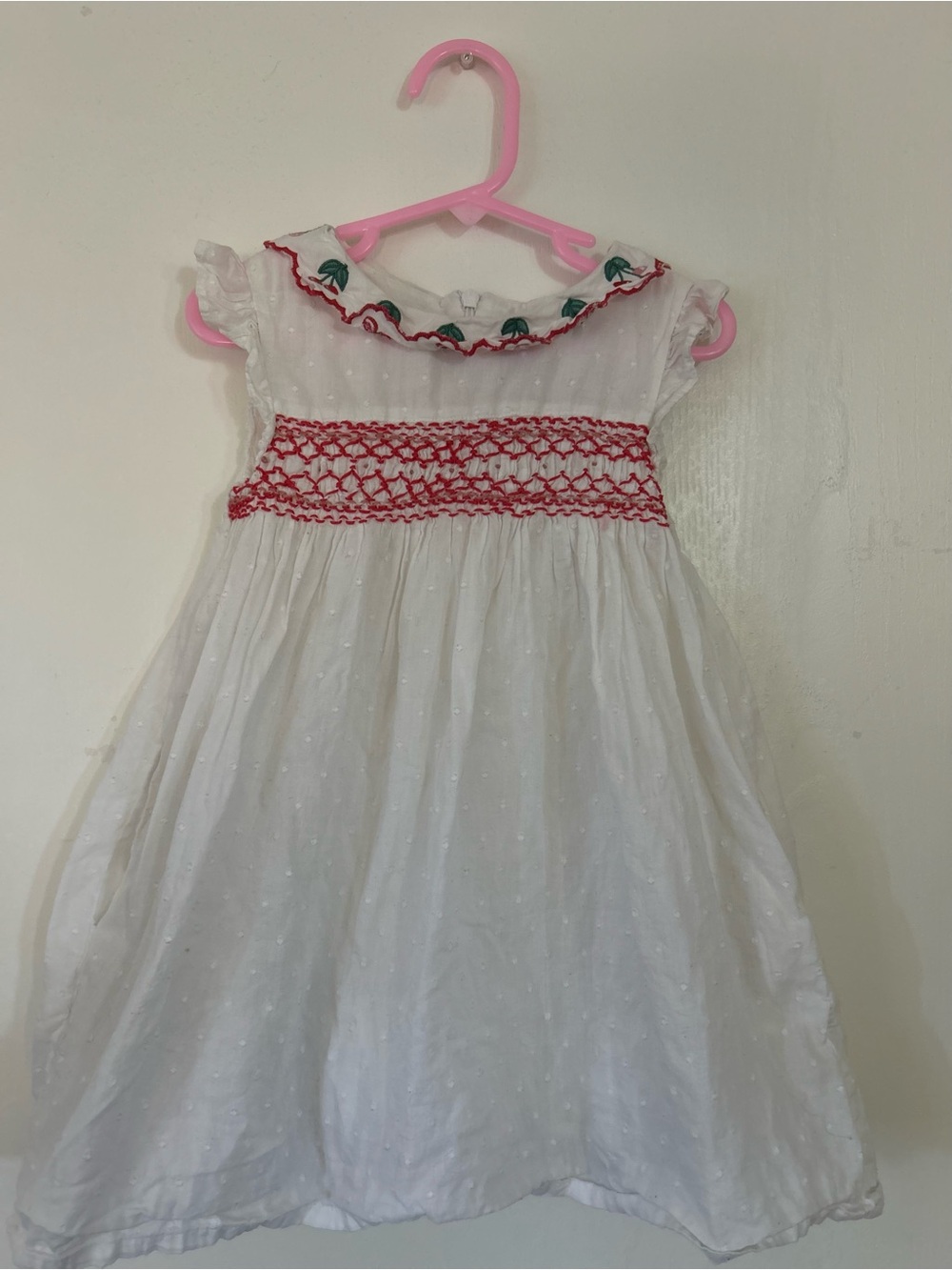Mini Boden White Dress with Red and Green Cherry Embroidery 3/4y, 100% cotton